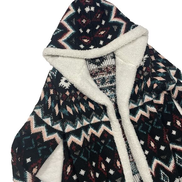 No Boundaries Aztec Sherpa Trim Lined Cozy Cardigan Size XL Juniors Acrylic - Picture 2 of 9